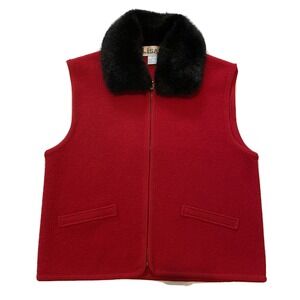 Lisa International Women L Red Boiled Wool Full-Zip Vest Faux Fur